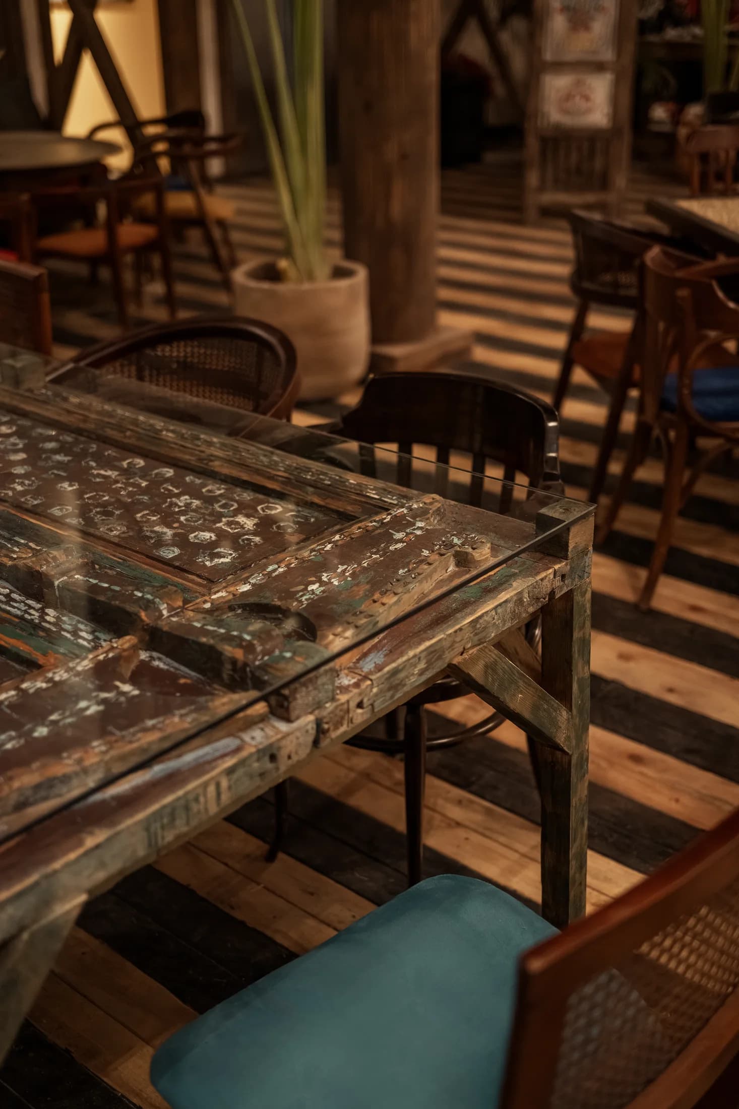 Decorative tabletop and seating detail at Babbo's