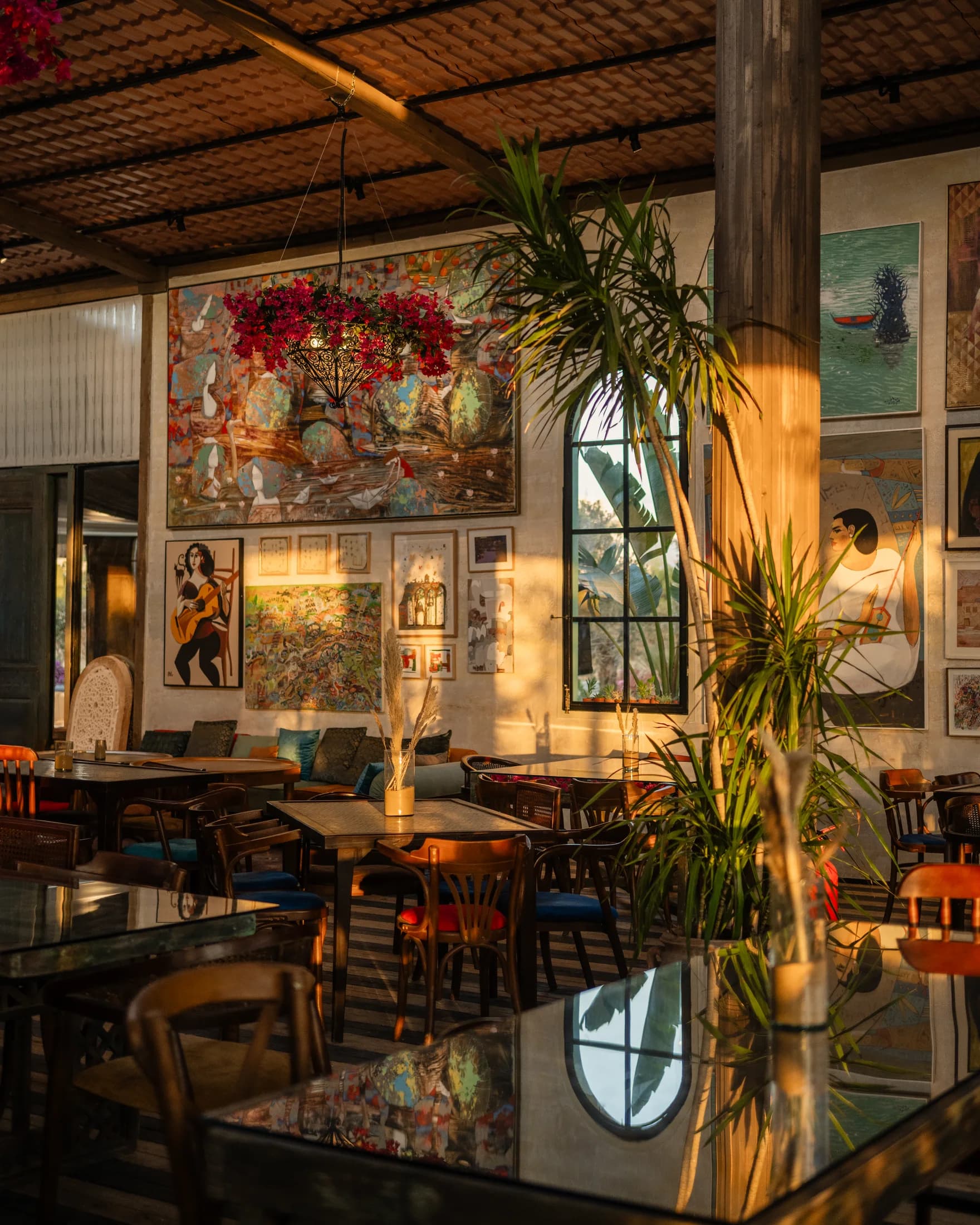 Colourful artwork and layered interior details at Babbo's