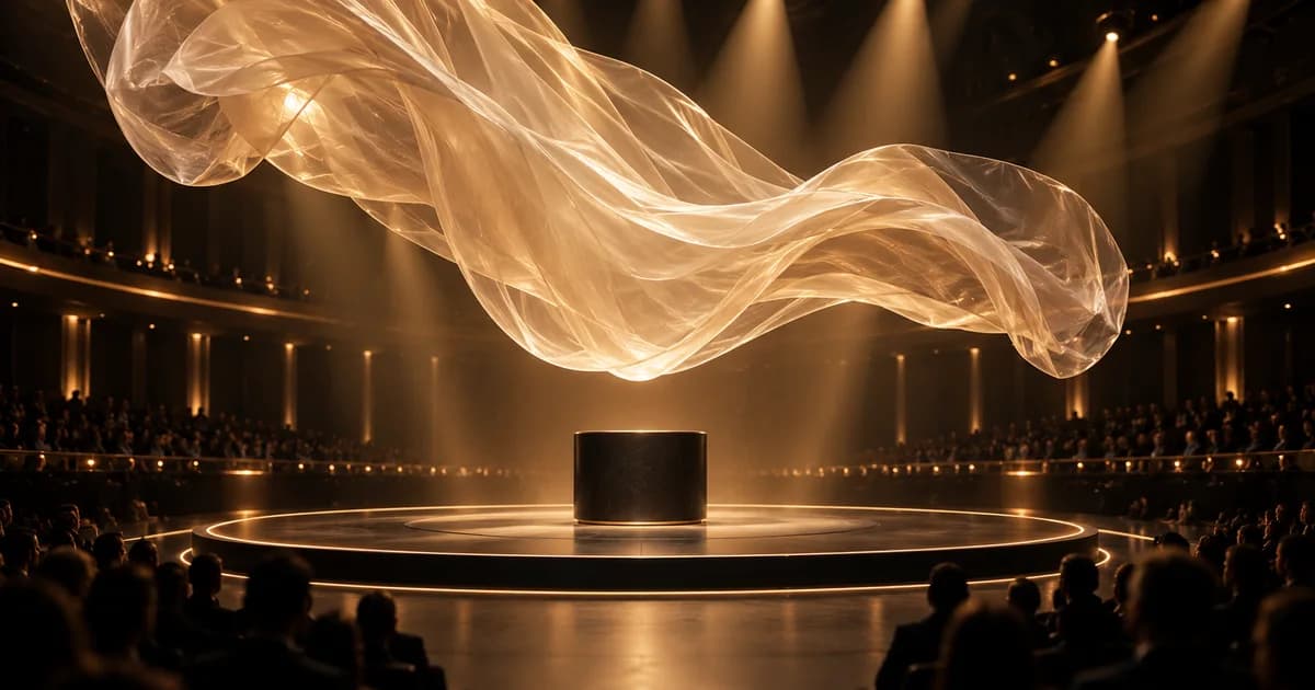 Champagne fabric floats above a dark plinth on an amber-lit circular product launch stage.