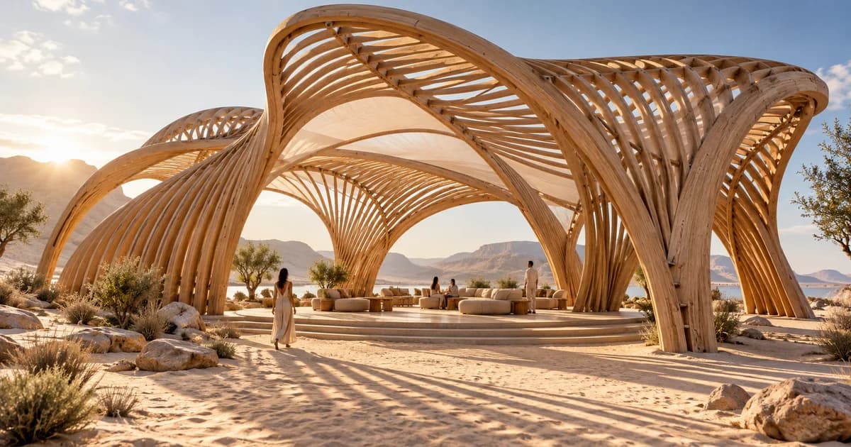 A modular curved timber pavilion casts long shadows over pale desert sand, with visitors beneath its canopy.